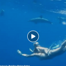 baby free diving with dolphins